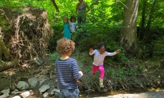 Photo by Lesley Romanoff, Takoma Park Cooperative Nursery School Children jump across the creek on a forest exploration.